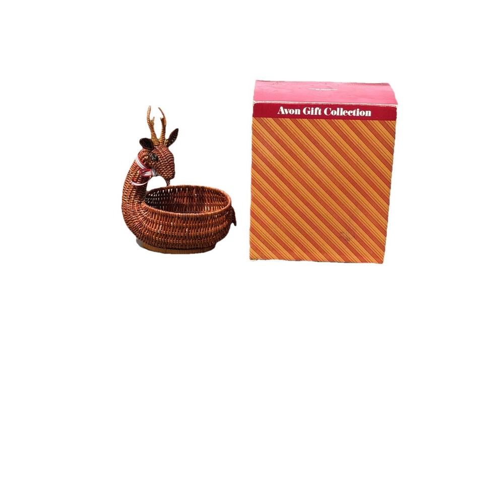 VTG Avon Gift Collection Wicker Reindeer Basket Planter Christmas Deer In Box